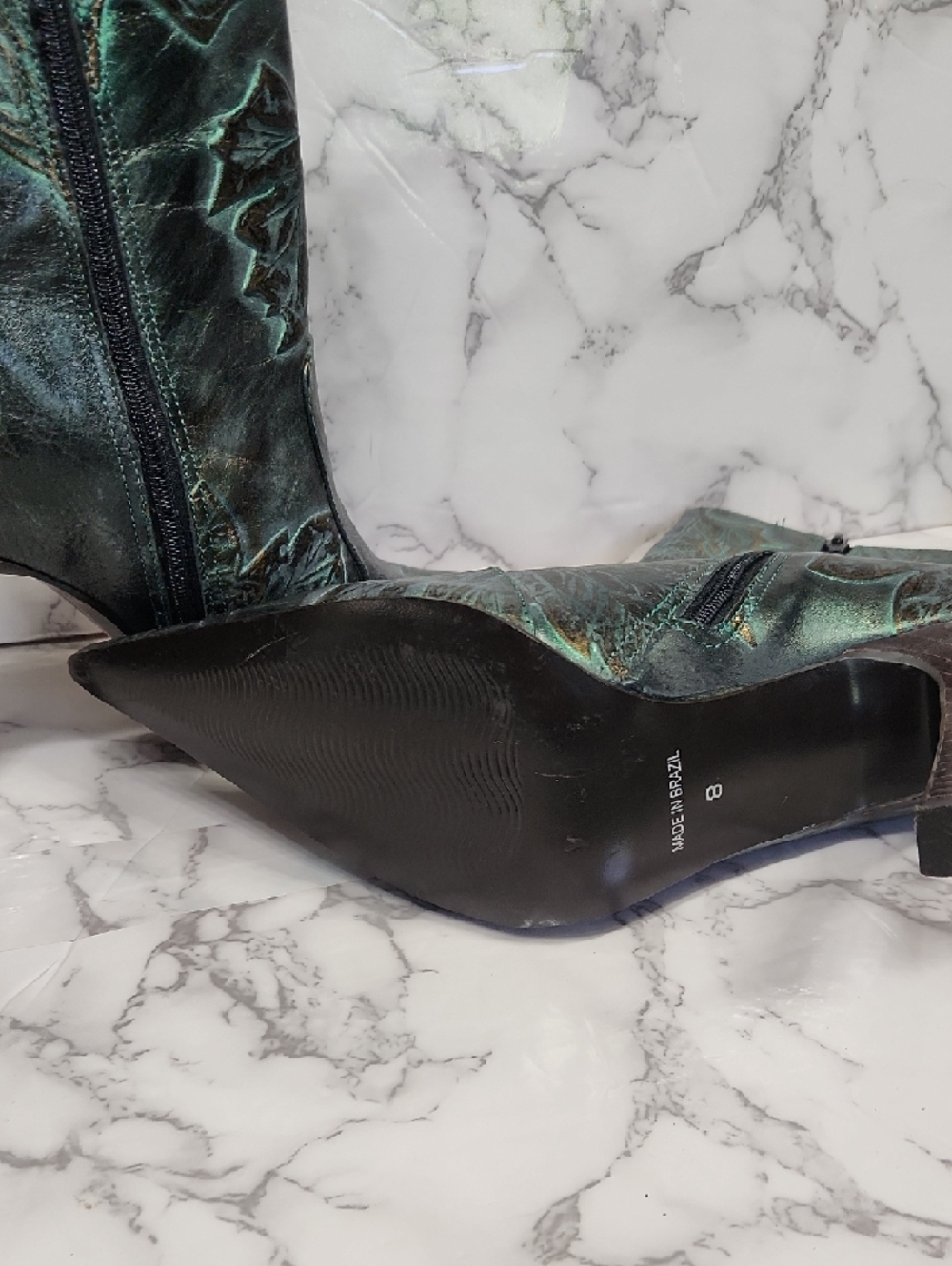 Leaf-Embossed Pointed-Toe Ankle Boots in Teal Green - Picture 5 of 7